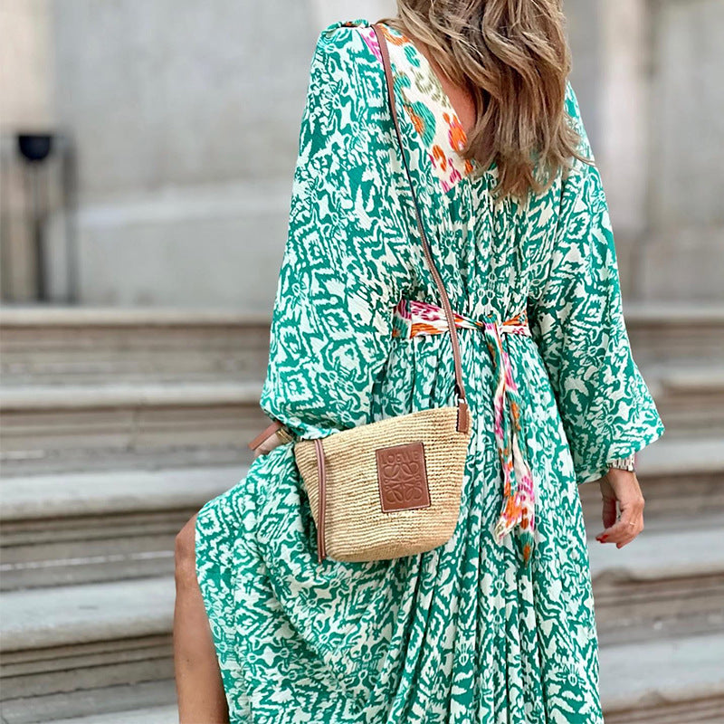 Mint Green V-neck Printed Dress with Puff Sleeve