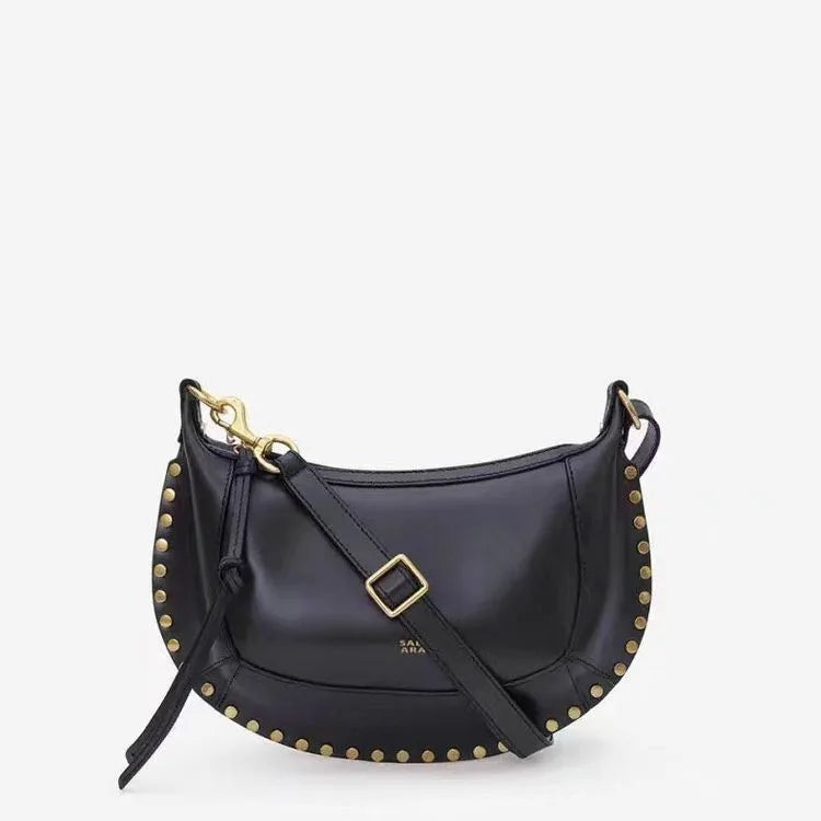 "Half Moon' Retro Classic Style Cowhide Shoulder Bag with Gold Rivet