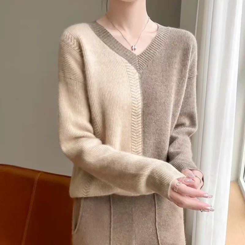 Chic Cashmere Knitted Color Block Patchwork Loose-Fit Style Pullover