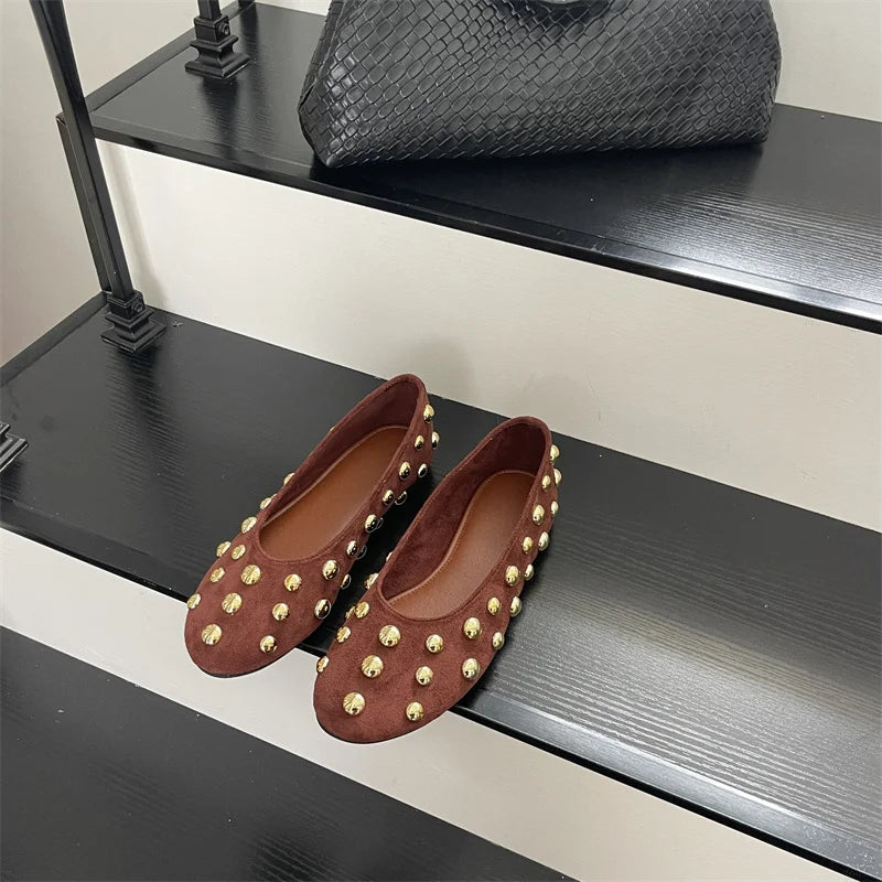 Classic Vintage Brown Shoes with  Metal Rivet Round Toe Loafers