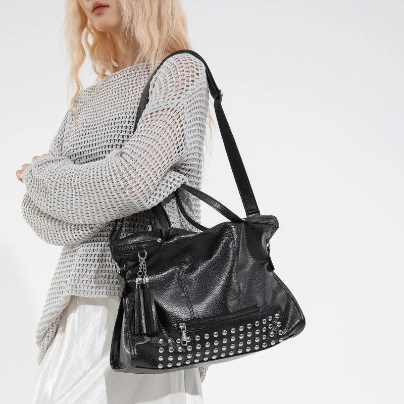 Chic Colors Rivets  Designer Messenger Leather Bags -Large Capacity
