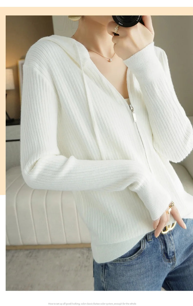 Buttery Soft 100% Pure Merino Wool Knitted  Zipper Hooded Cardigan