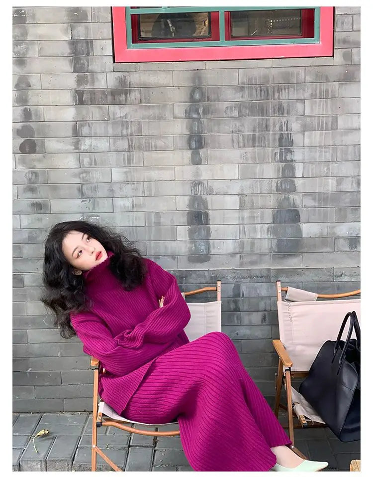 French Trendy Retro Two-piece Set with High Neck Sweater Knitted Top