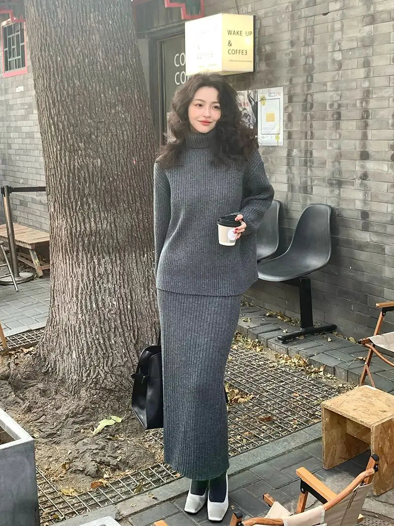 French Trendy Retro Two-piece Set with High Neck Sweater Knitted Top