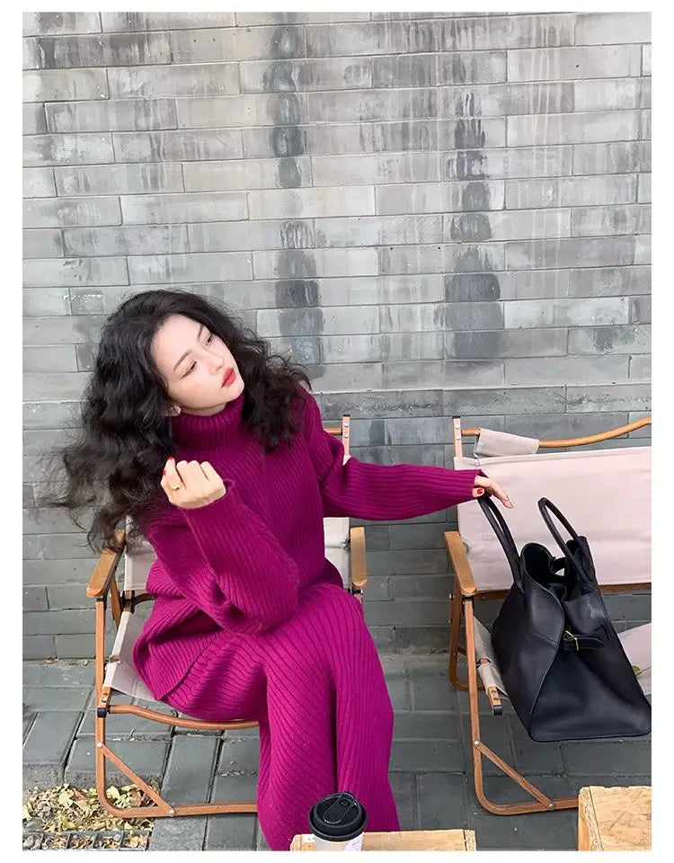 French Trendy Retro Two-piece Set with High Neck Sweater Knitted Top