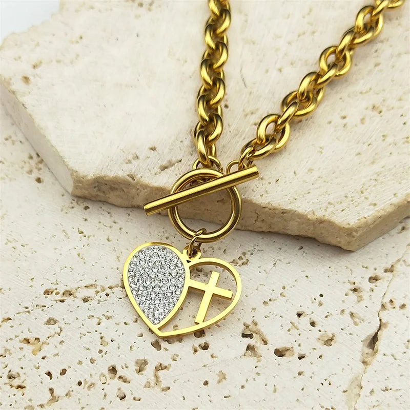 Rhinestone Heart Cross Matching Pendant & Bracelet Jewelry Set