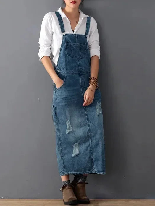 Denim Sleeveless Strap Straight Long Skirt.
