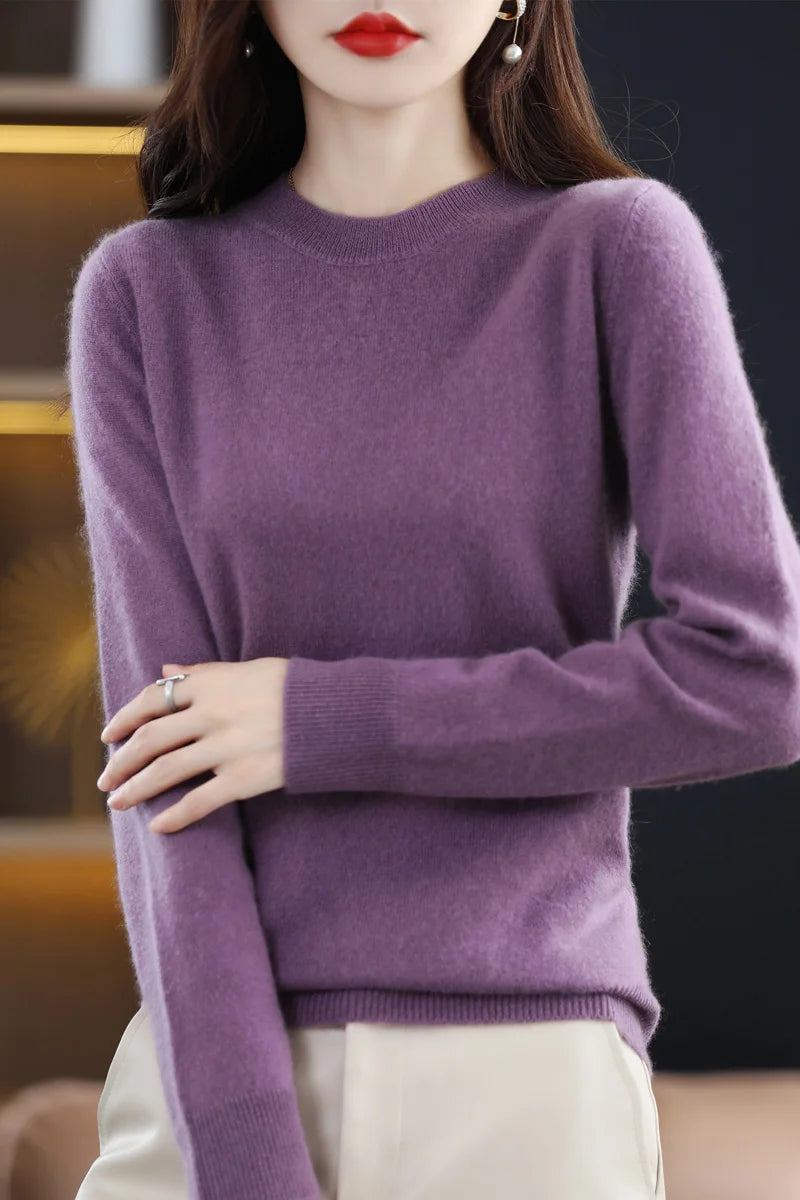 Classic Style Cashmere Round Neck Pullover with  Long Sleeve