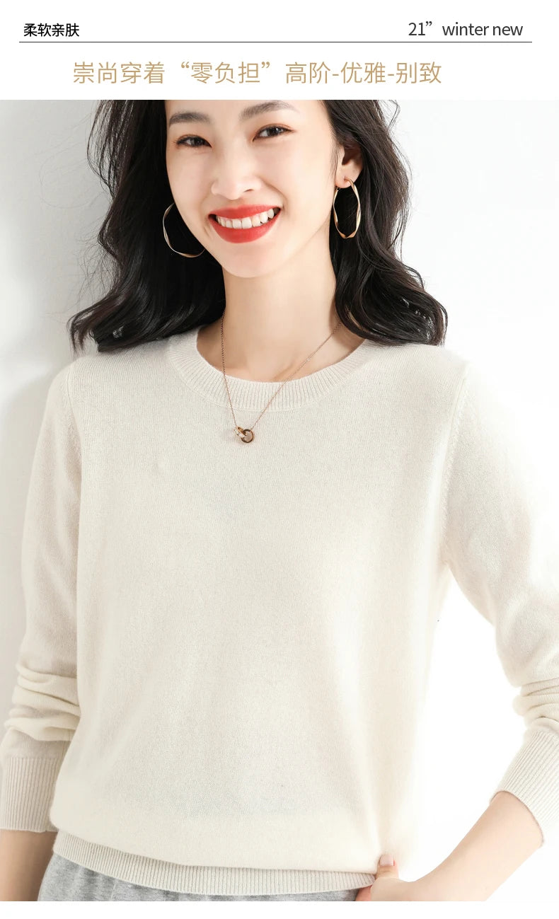 Classic Style Cashmere Round Neck Pullover with  Long Sleeve