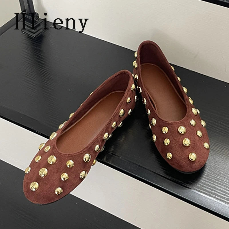 Classic Vintage Brown Shoes with  Metal Rivet Round Toe Loafers