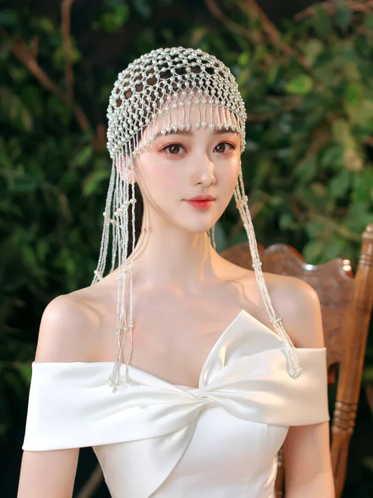 Vintage Pearl TasseL Hair Cap