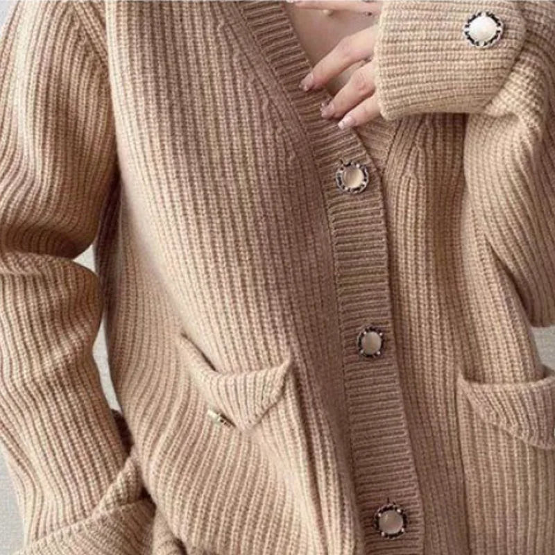 Elegant   Loose-Fit V-Neck Knitted  Cardigan with  Long Sleeve One Size