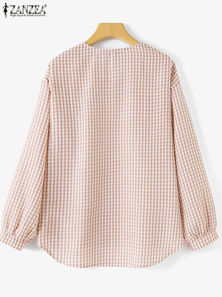 Vintage Plaid Checked  V-Neck Shirt with Long Sleeves