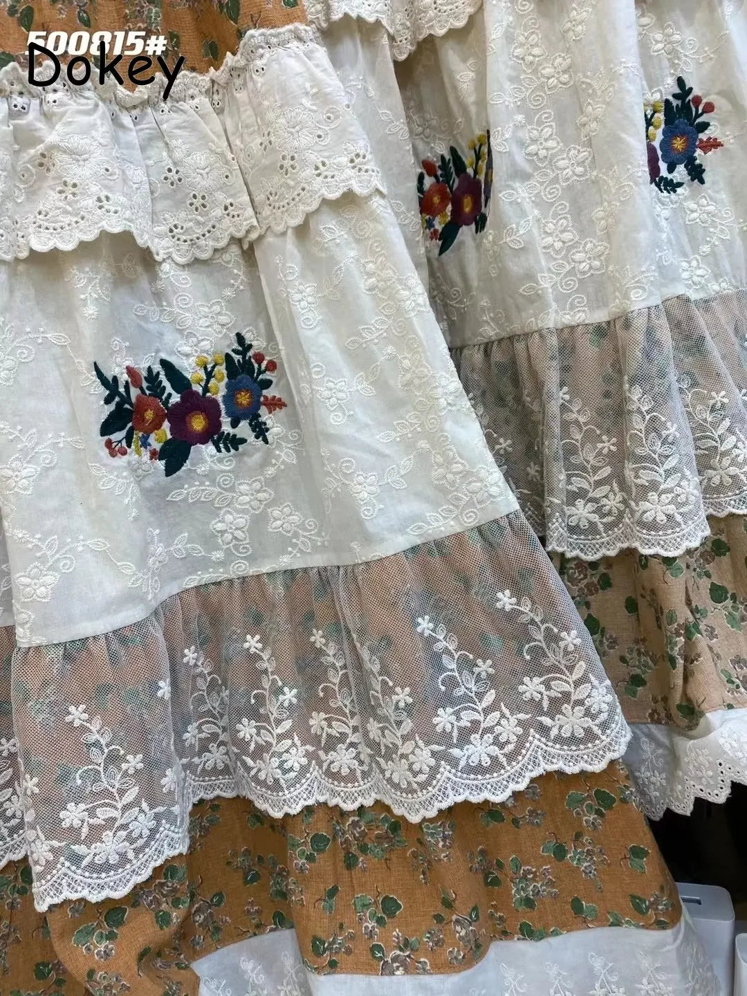 Boho Floral Pleated Ruffled Lace  Embroidery Skirts