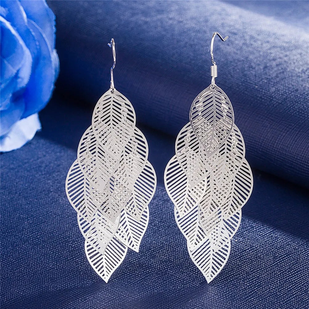 Fine 925 Sterling Silver Tassel Layered Leaves Drop Earrings