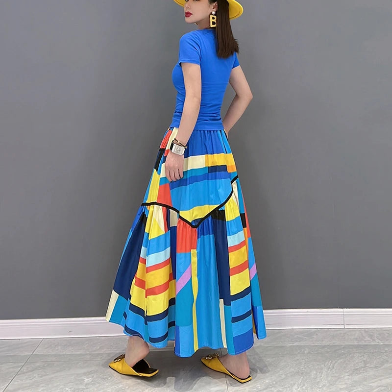 Blue Art  3D Printed  Loose Fit Mid-Calf Skirt with Pockets