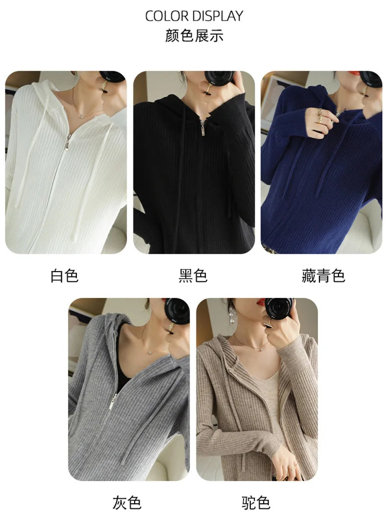 Buttery Soft 100% Pure Merino Wool Knitted  Zipper Hooded Cardigan