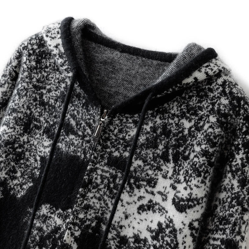 Tie Dye Pure Wool Black and White  Painting Hooded Zipper Cardigan