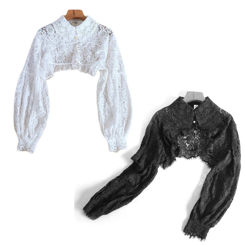 Dickey  Floral Lace Half Shirt Blouse  with Lantern Sleeve