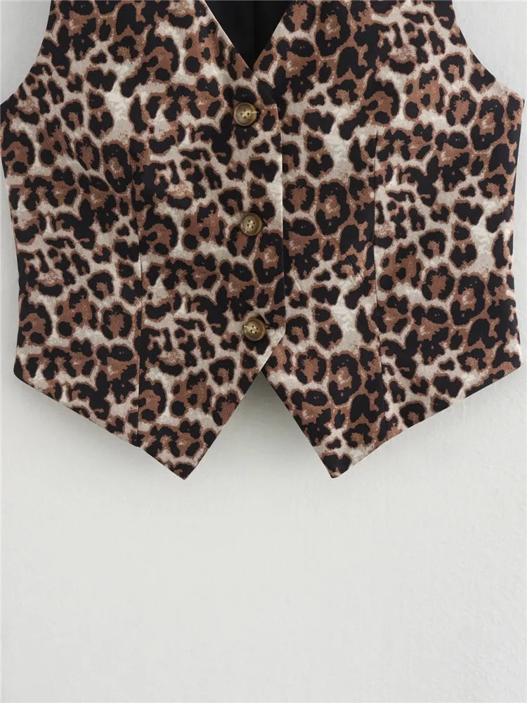 Chic Vintage Leopard Print  Sleeveless  V-Neck Slim Short Vest