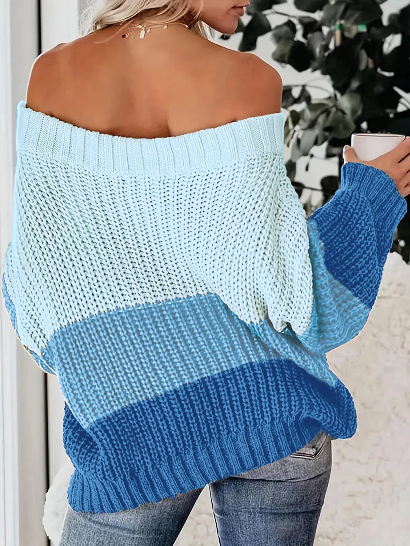Off-The-Shoulde Color Contrast Batwing Sleeve Pullover Sweater