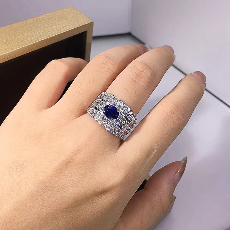Sparkling Oval Blue CZ Wide Band Ring