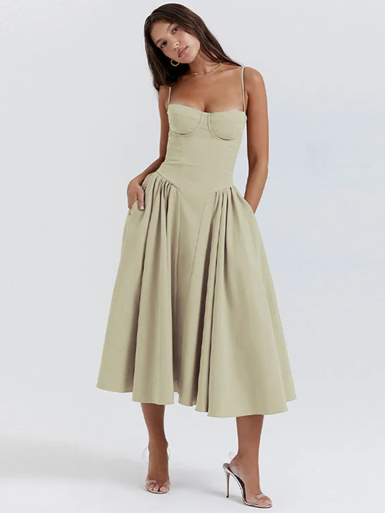 Party Pleated Hem Sling Midi Sleeveless Backless Dresses