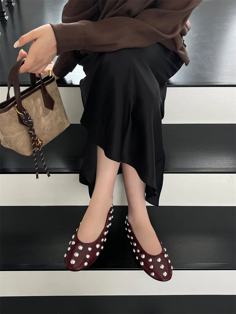 Classic Vintage Brown Shoes with  Metal Rivet Round Toe Loafers
