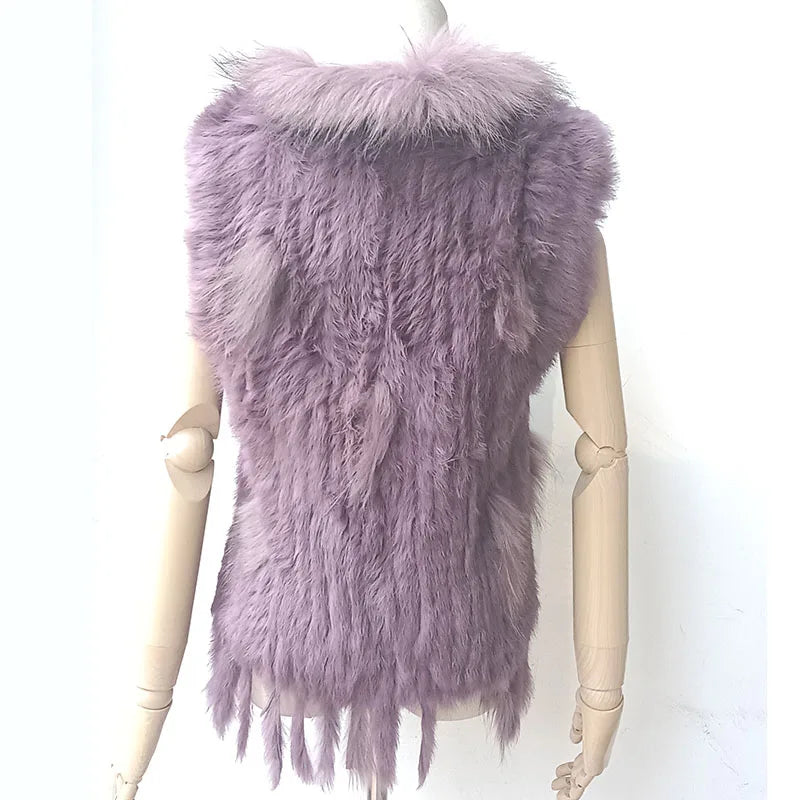 Warm Sleeveless Genuine Rabbit Fur Knitted Vest with Tassel