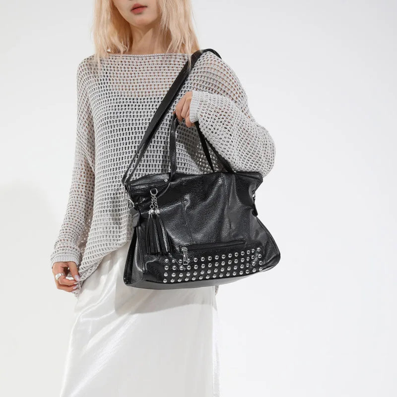 Chic Colors Rivets  Designer Messenger Leather Bags -Large Capacity