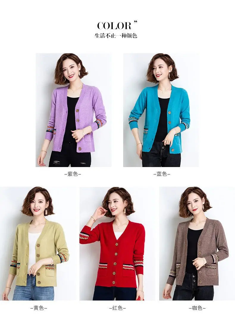 Folk Vintage Button V-Neck  Cardigans with Long Sleeves and Pockets