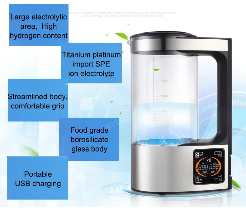 Large 2 Liter Hydrogen Rich Home Pitcher Alkaline Water Ionizer Generator Machine