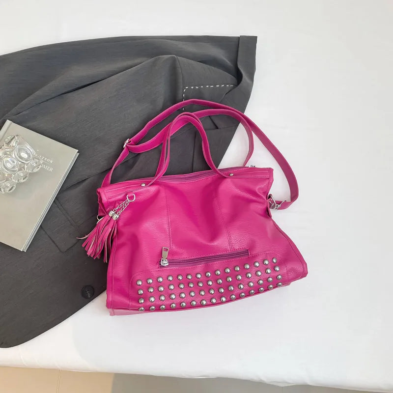 Chic Colors Rivets  Designer Messenger Leather Bags -Large Capacity