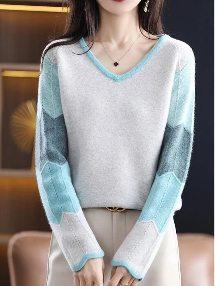 Artist Style  Patchwork V Neck Knitted Sweater Tops
