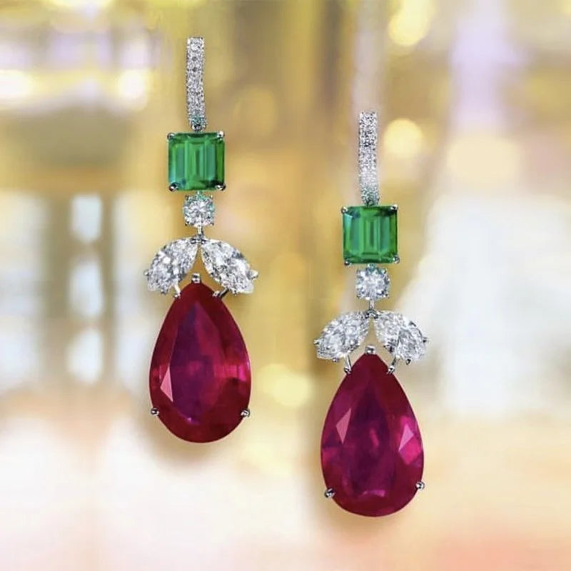 Dazzling Red/Green/White Zirconia Pendant Earrings