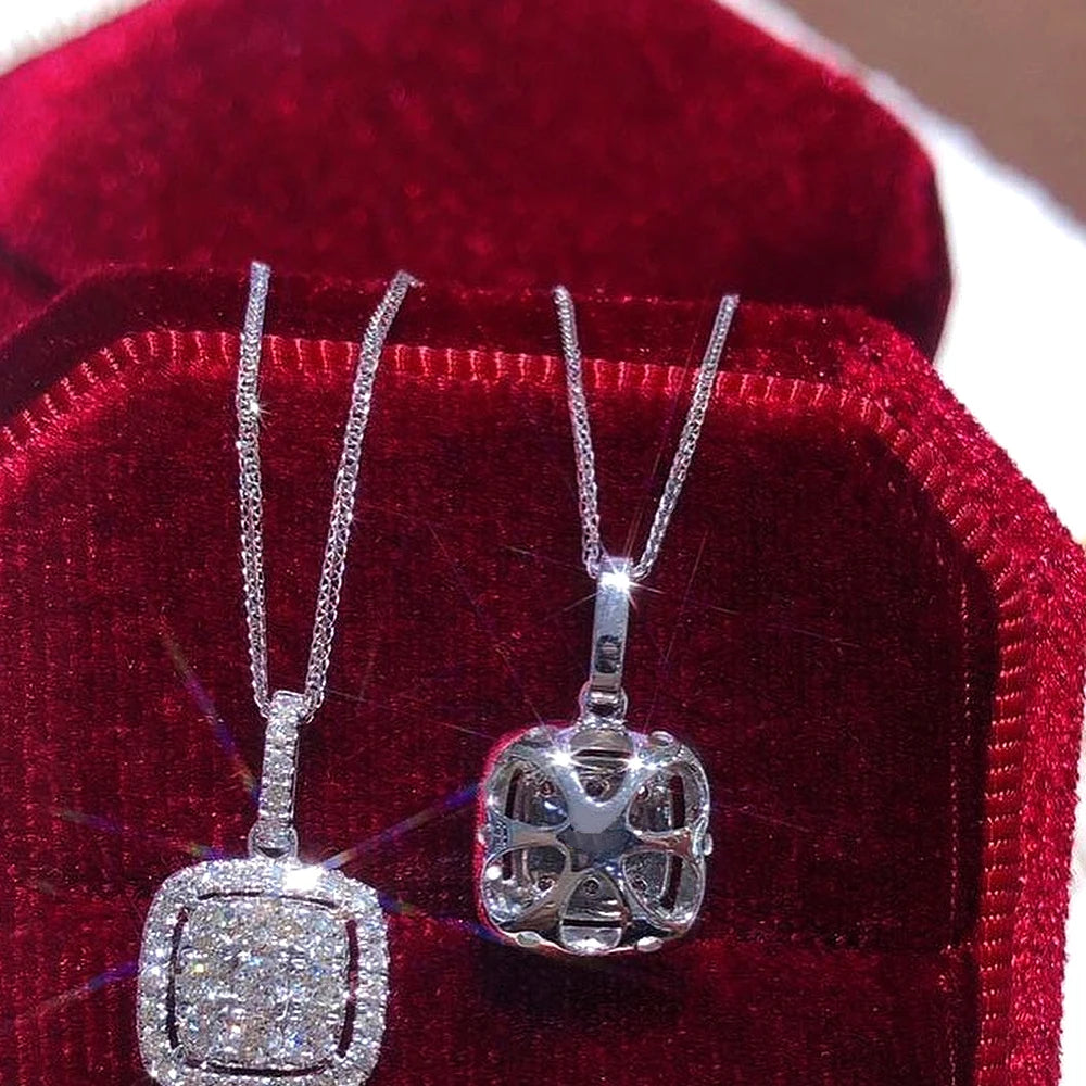 Sprkling Square Cubic Zircon Pendant Necklace