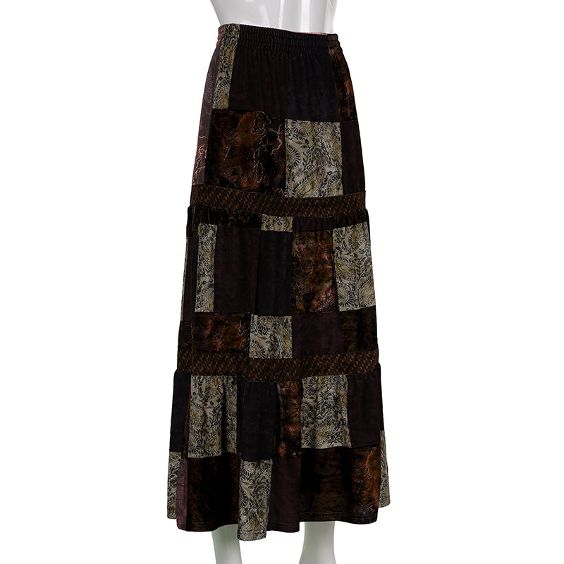 Boho  Patchwork Brown Pleated   Skirt