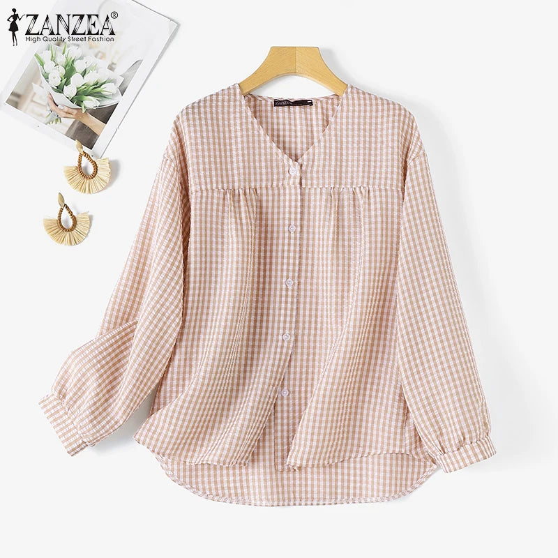 Vintage Plaid Checked  V-Neck Shirt with Long Sleeves