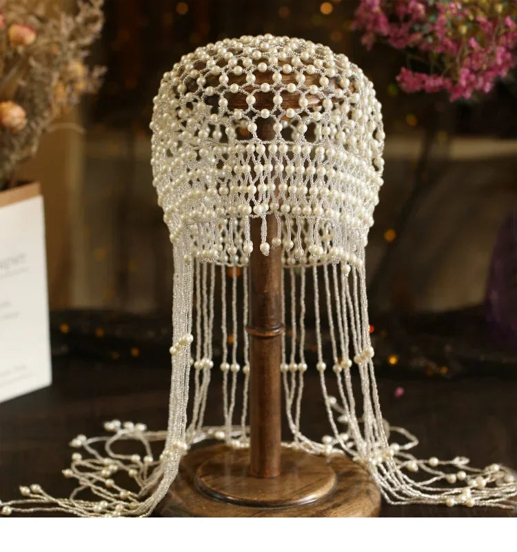 Vintage Pearl TasseL Hair Cap