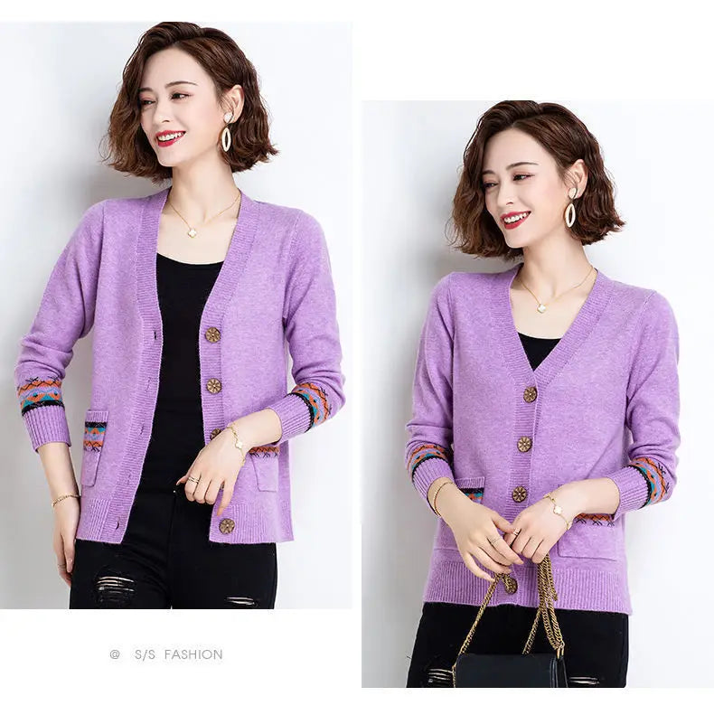 Folk Vintage Button V-Neck  Cardigans with Long Sleeves and Pockets