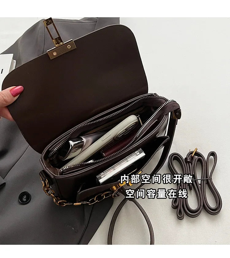 Luxury Eco Leather Crossbody Bag with Chain Metal Letter Lock