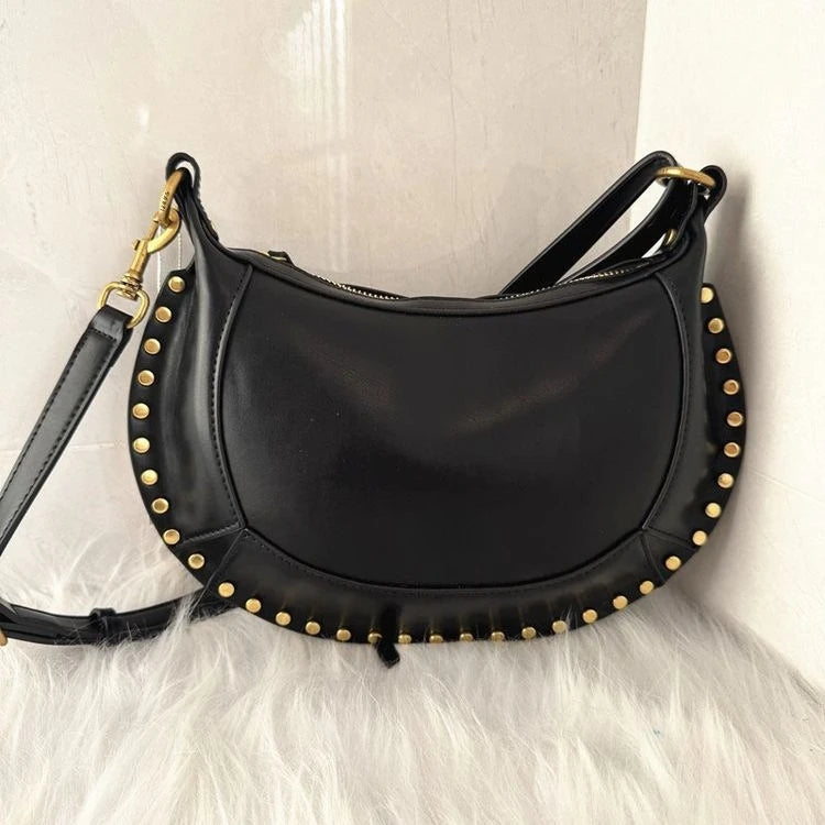 "Half Moon' Retro Classic Style Cowhide Shoulder Bag with Gold Rivet