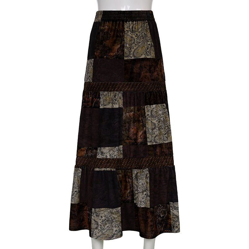 Boho  Patchwork Brown Pleated   Skirt