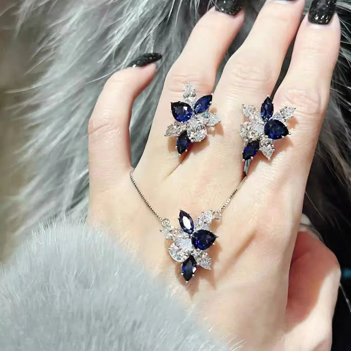 Sterling Silver Blue & White Sapphire Jewelry Set - Earrings & Necklace