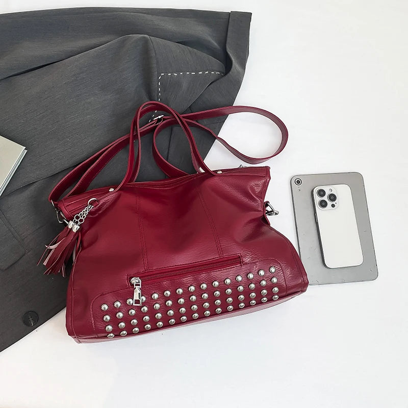 Chic Colors Rivets  Designer Messenger Leather Bags -Large Capacity