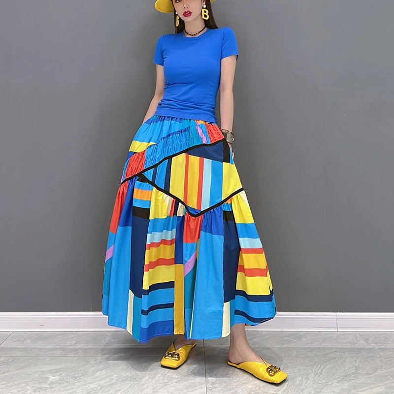 Blue Art  3D Printed  Loose Fit Mid-Calf Skirt with Pockets
