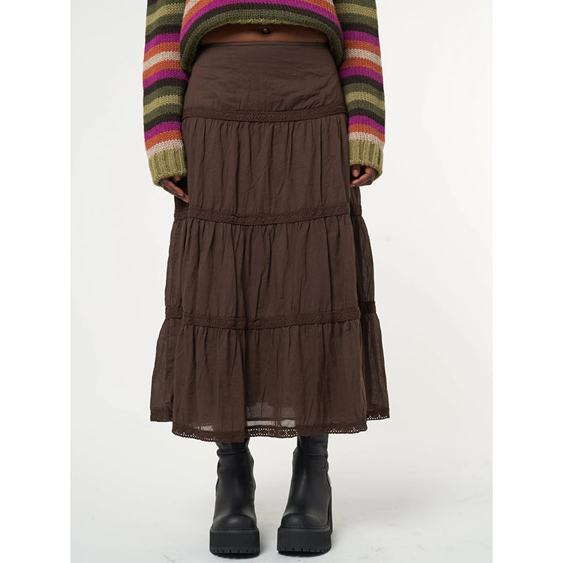 Retro Brown Ruffle Long  Skirts