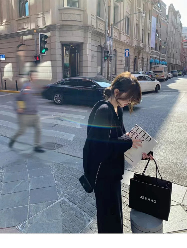 Casual Elegant  2-Piece Knitted Hoodies Outfit with Sweater Blouses Tops and Skirt- One Size