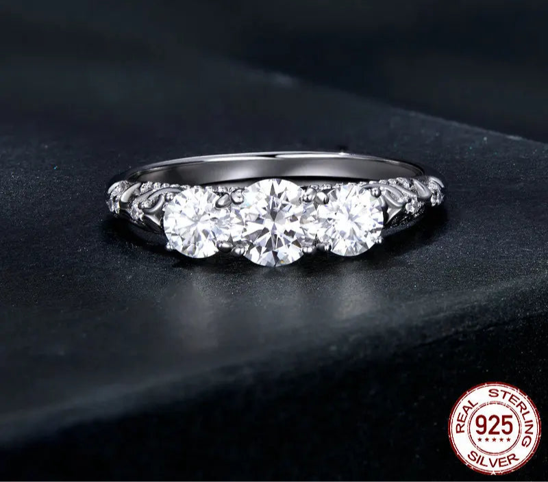 Sterling Silver 1.1 TCW Round Moissanite Lab Diamond Platinum Plated Ring