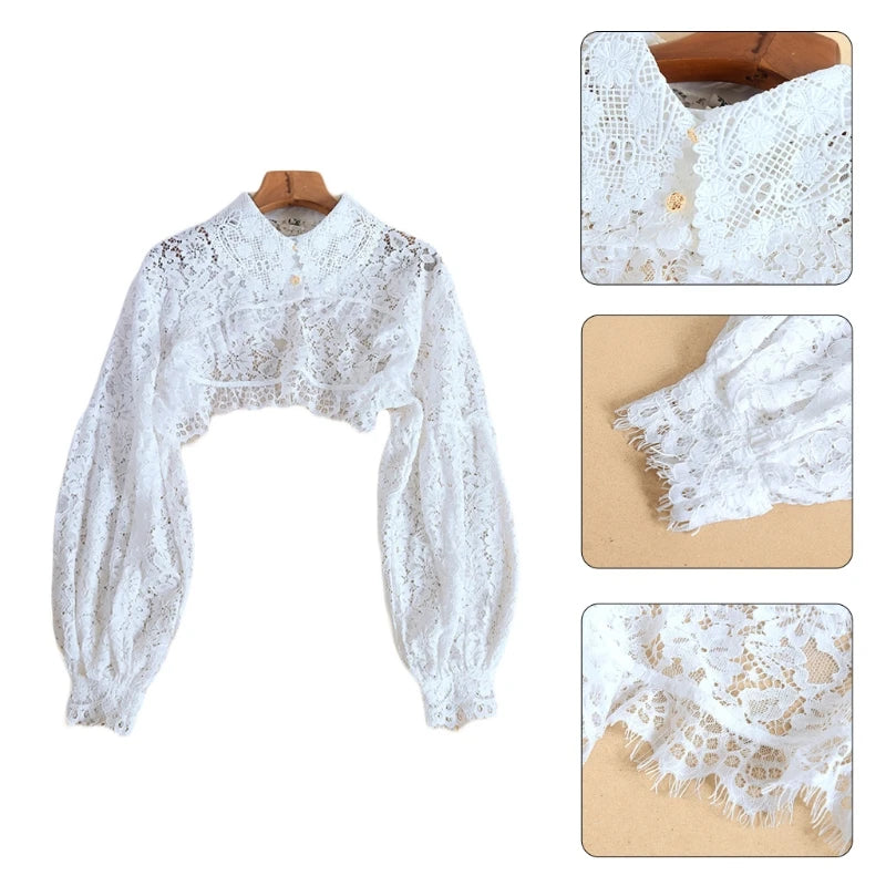 Dickey  Floral Lace Half Shirt Blouse  with Lantern Sleeve